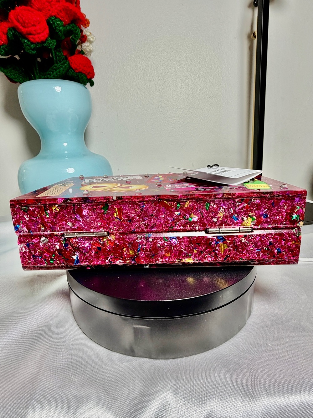 Kurt Geiger Hot Pink Glitter London Sticker Box Clutch NWT - Picture 7 of 10